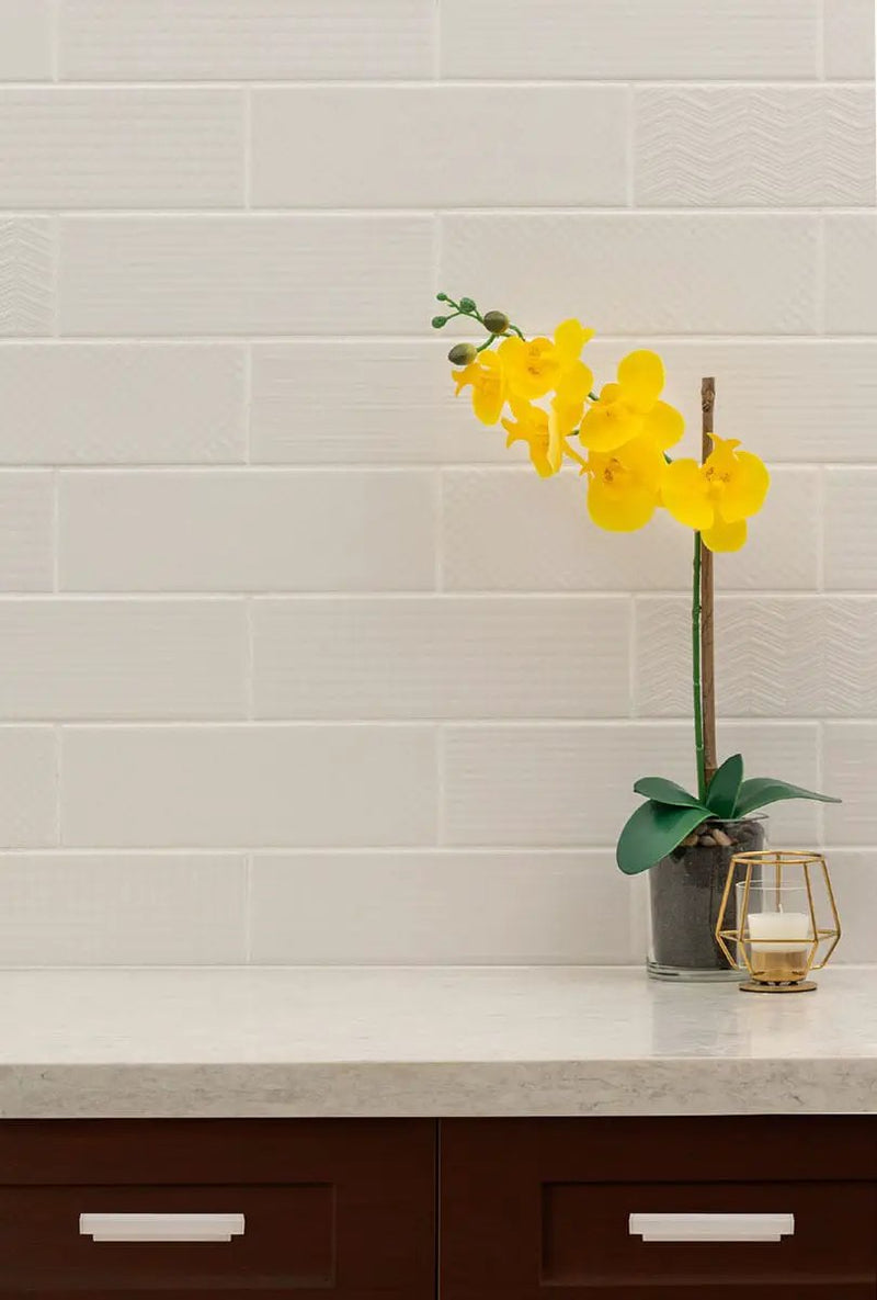 Urbano Crema Tile Glossy Bullnose Ceramic Mosaics 4x12 in a finished room