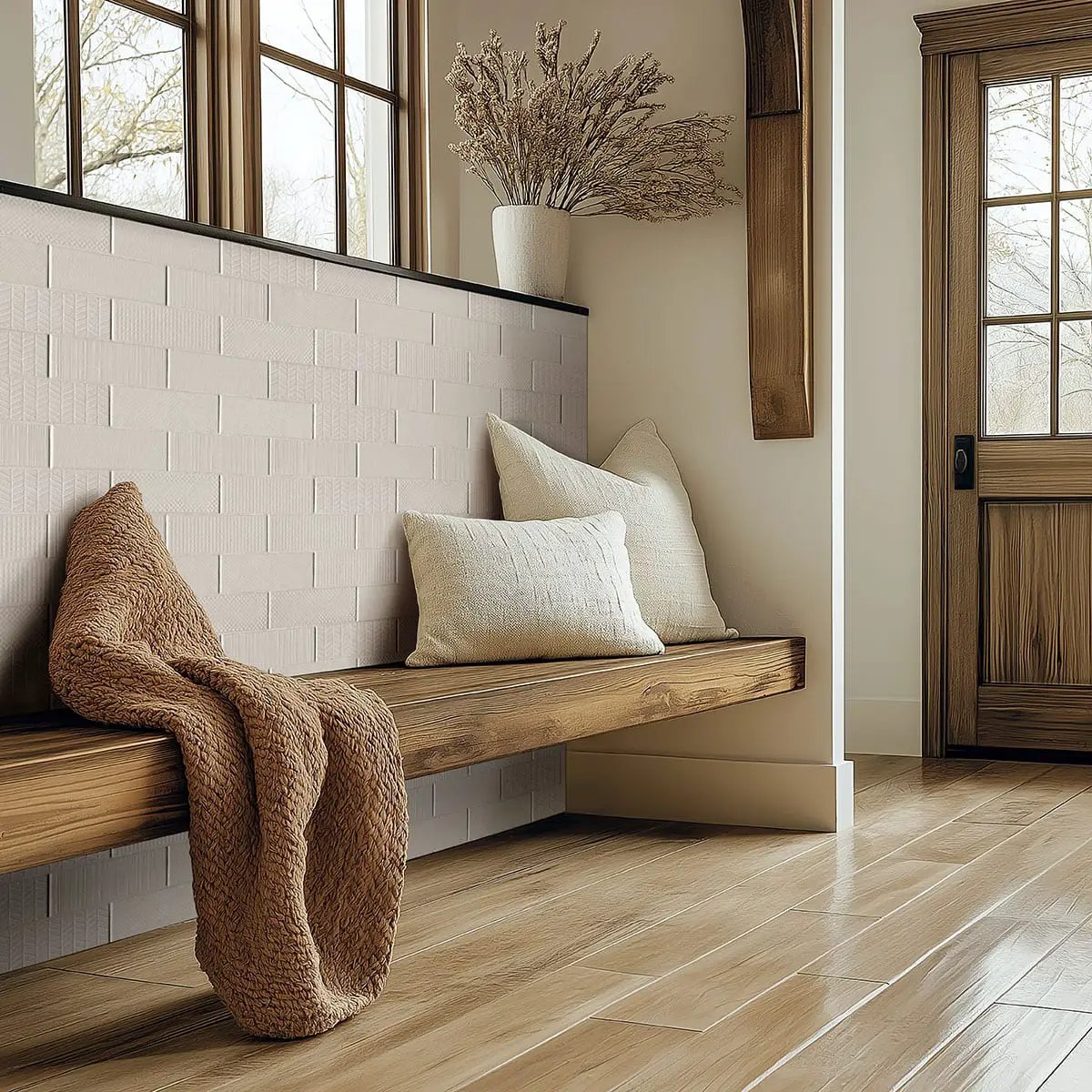 Urbano Crema Tile Glossy Ceramic Mosaics 4x12 in a finished room