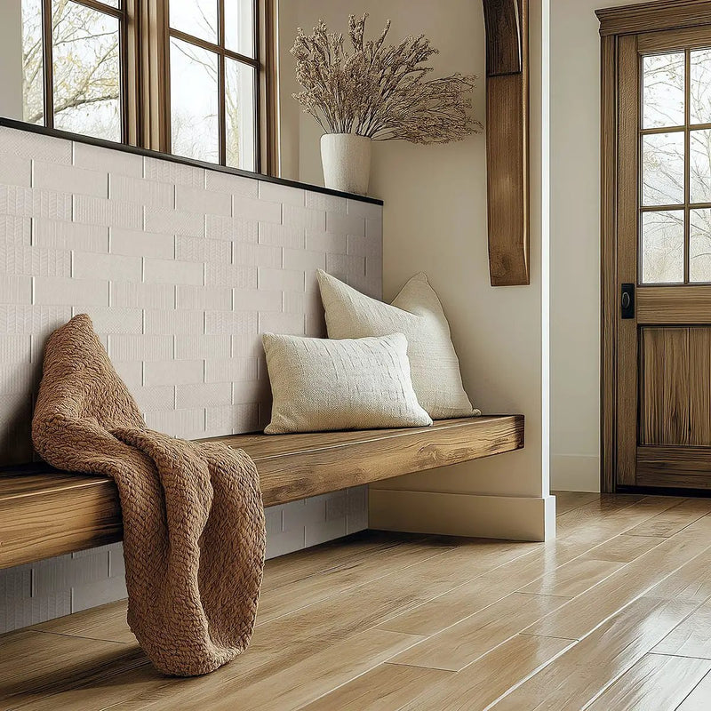 Urbano Crema Tile Glossy Ceramic Mosaics 4x12 2 in a finished room