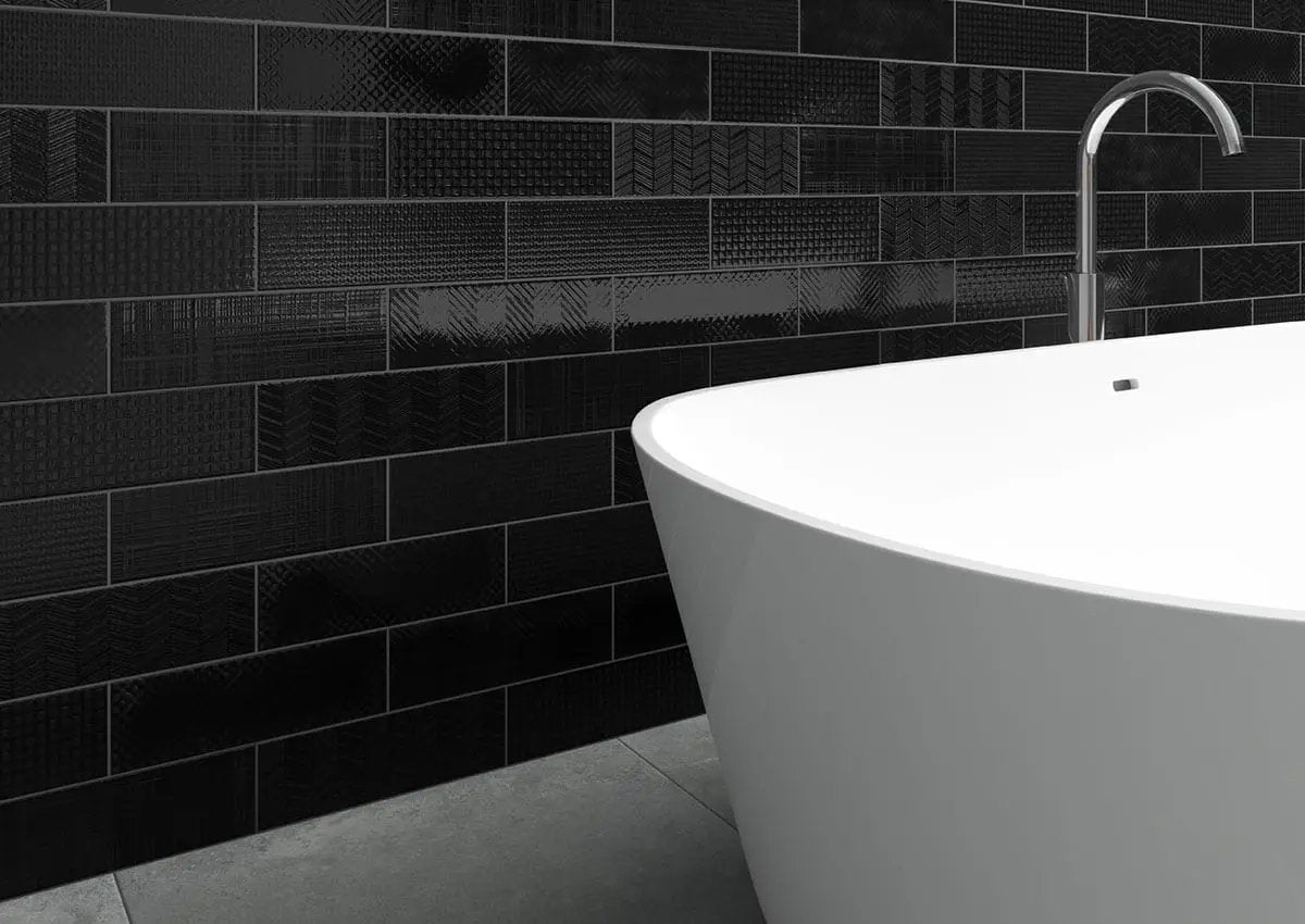 Urbano Ink Tile Glossy Ceramic Mosaics 4x12 in a finished room