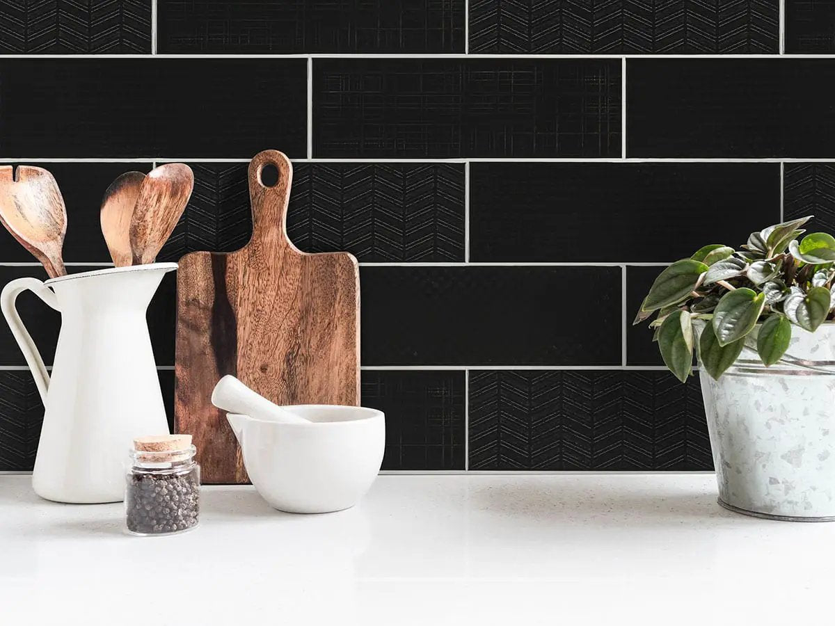 Urbano Ink Tile Glossy Bullnose Ceramic Mosaics 4x12 in a finished room
