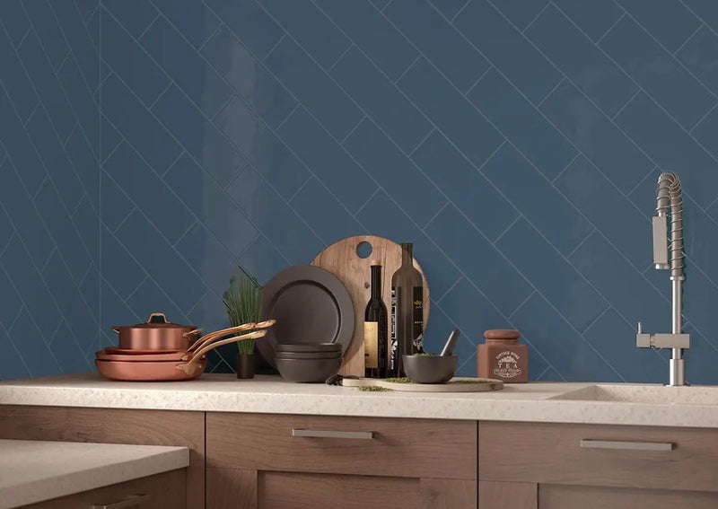 Urbano Navy Glossy Ceramic Mosaics 4x12 in a finished room