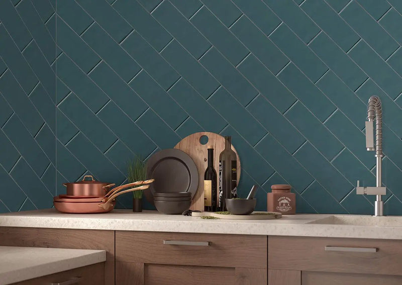 Urbano Navy Glossy Ceramic Mosaics 4x12 2 in a finished room