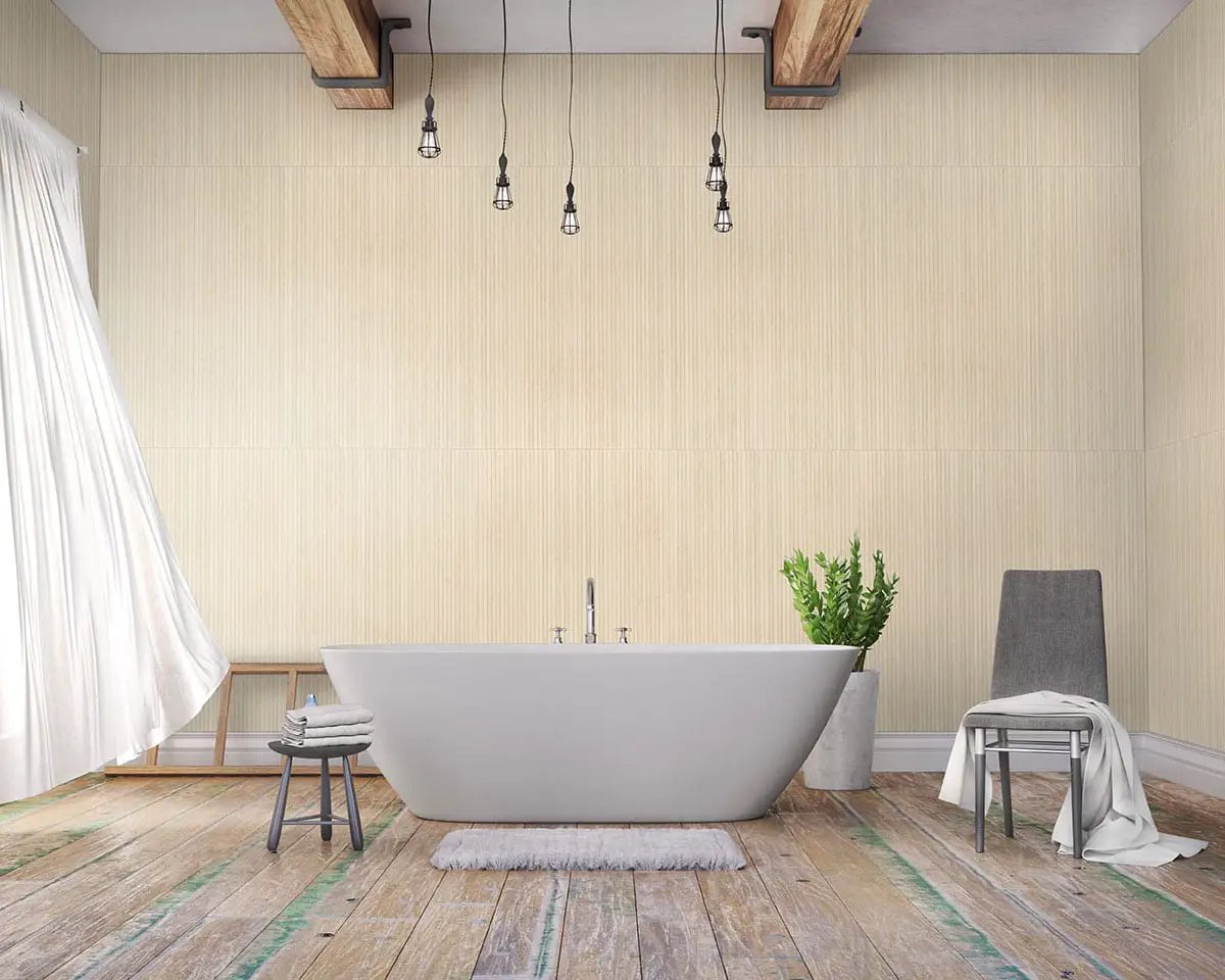 Urbanslat Blonde Matte Ceramic Mosaics 16x48 in a finished room