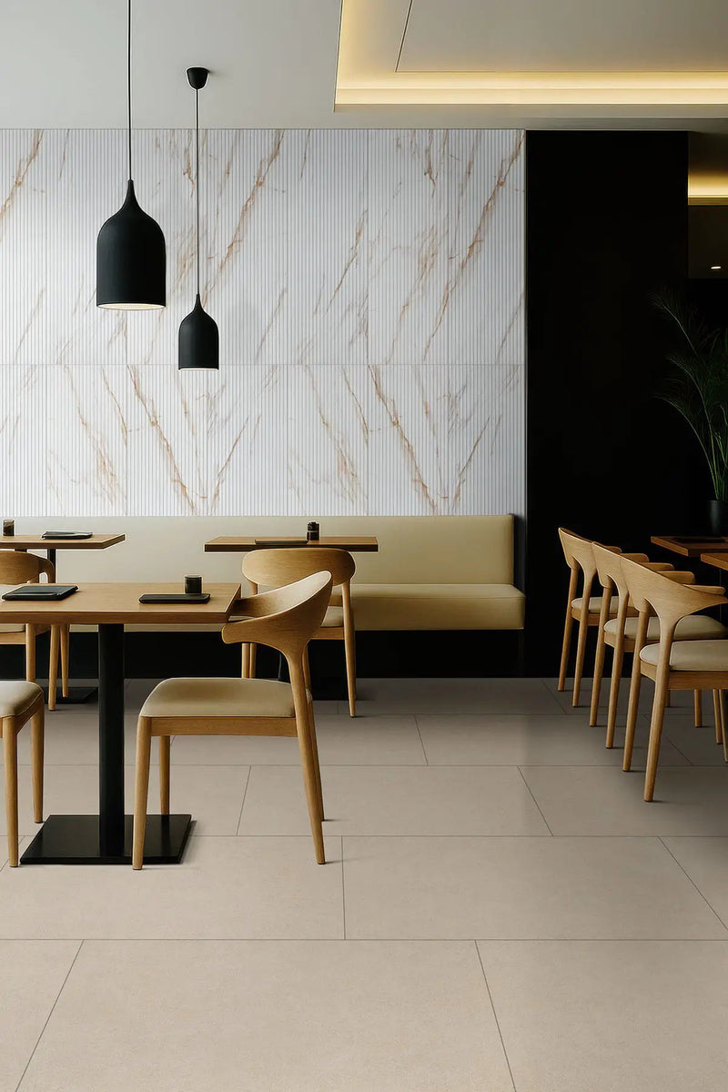 Urbanslat Marmi Gold Satin Ceramic Mosaics 16x48 in a finished room