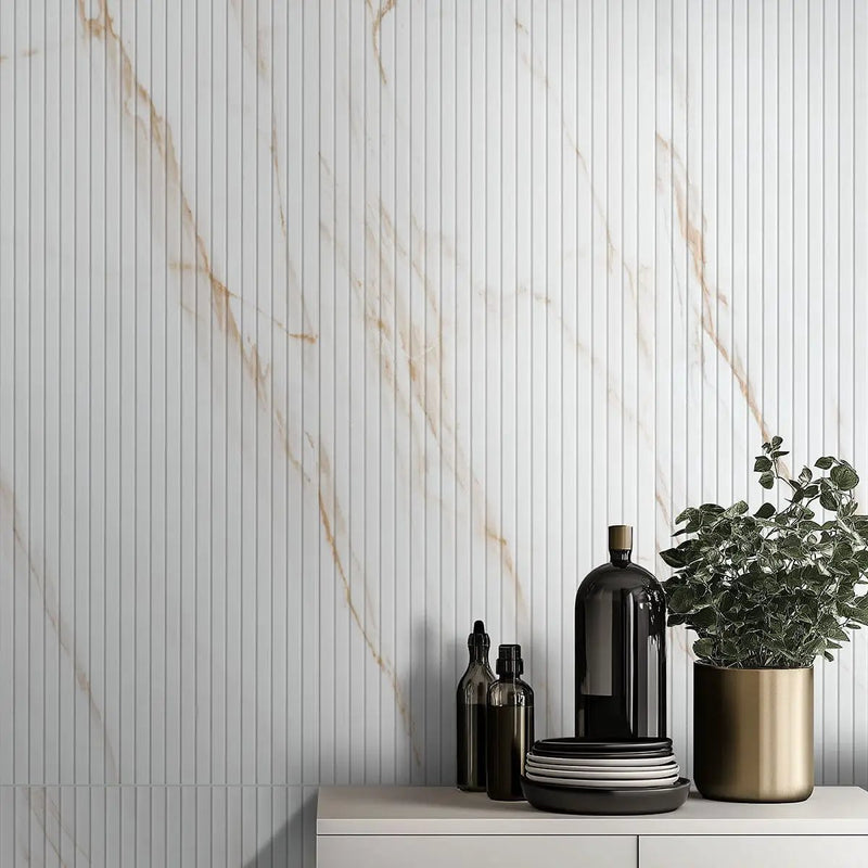 Urbanslat Marmi Gold Satin Ceramic Mosaics 16x48 in a finished room