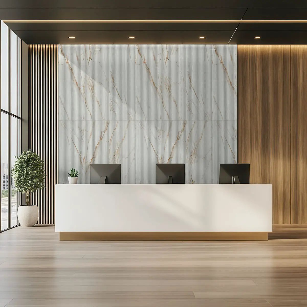 Urbanslat Marmi Gold Satin Ceramic Mosaics 16x48 in a finished room