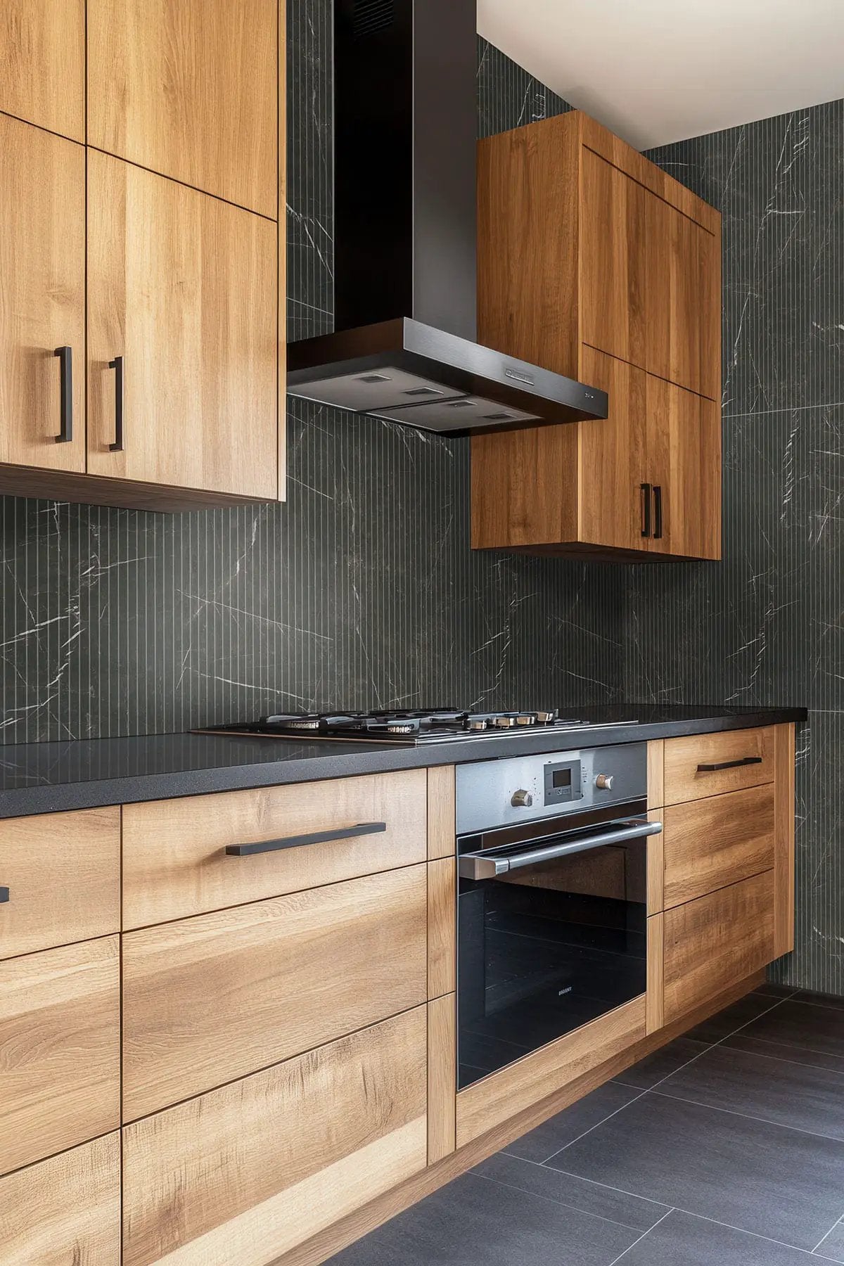 Urbanslat Marmi Noir Satin Ceramic Mosaics 16x48 in a finished room