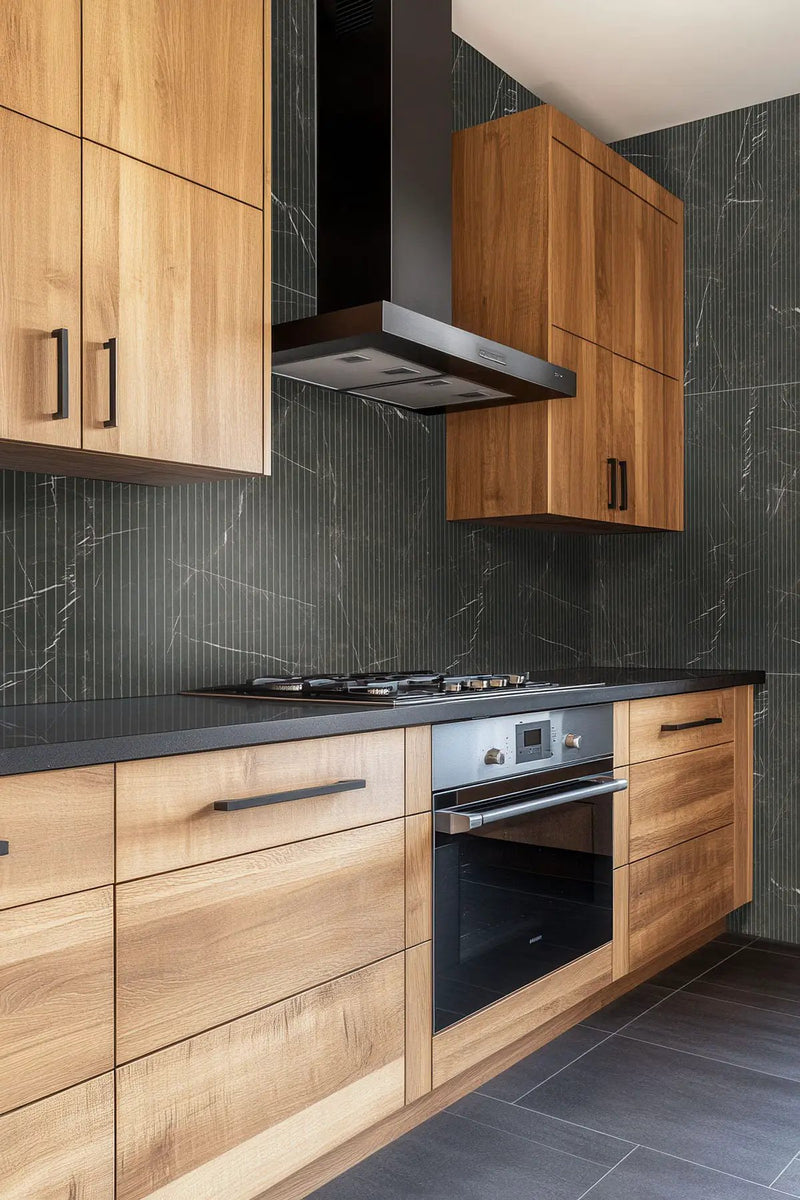 Urbanslat Marmi Noir Satin Ceramic Mosaics 16x48 in a finished room