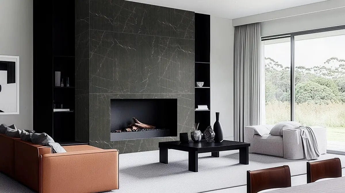 Urbanslat Marmi Noir Satin Ceramic Mosaics 16x48 in a finished room