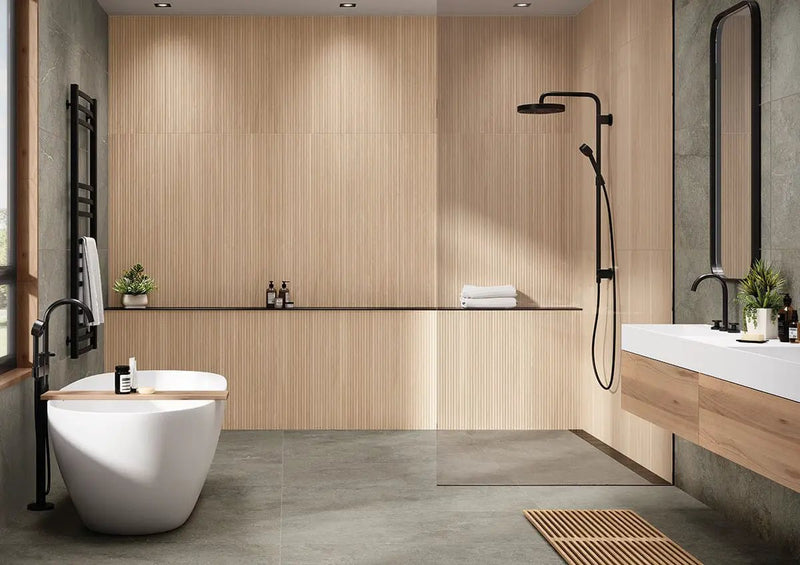 Urbanslat Natural Matte Ceramic Mosaics 16x48 in a finished room