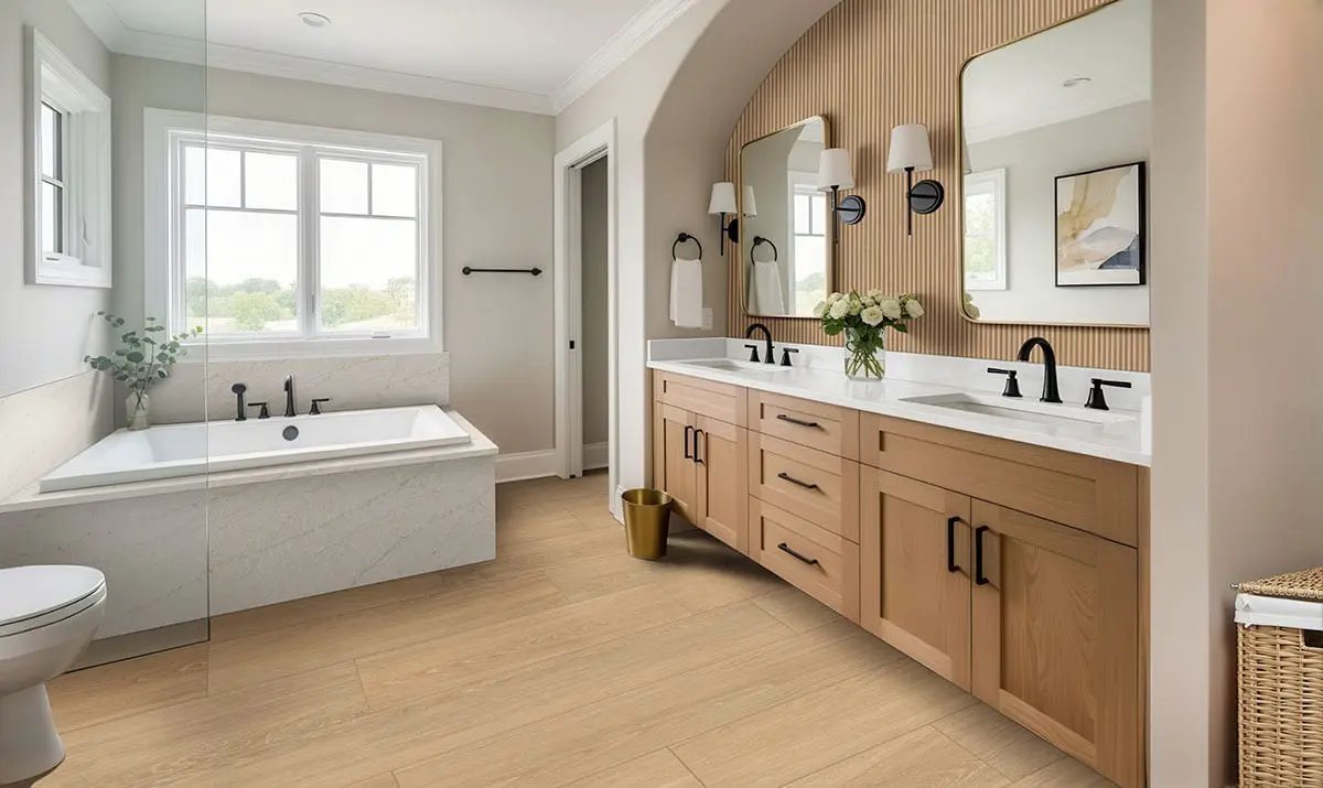 Urbanslat Flute Timber Matte Ceramic Mosaics 16x48 in a finished room