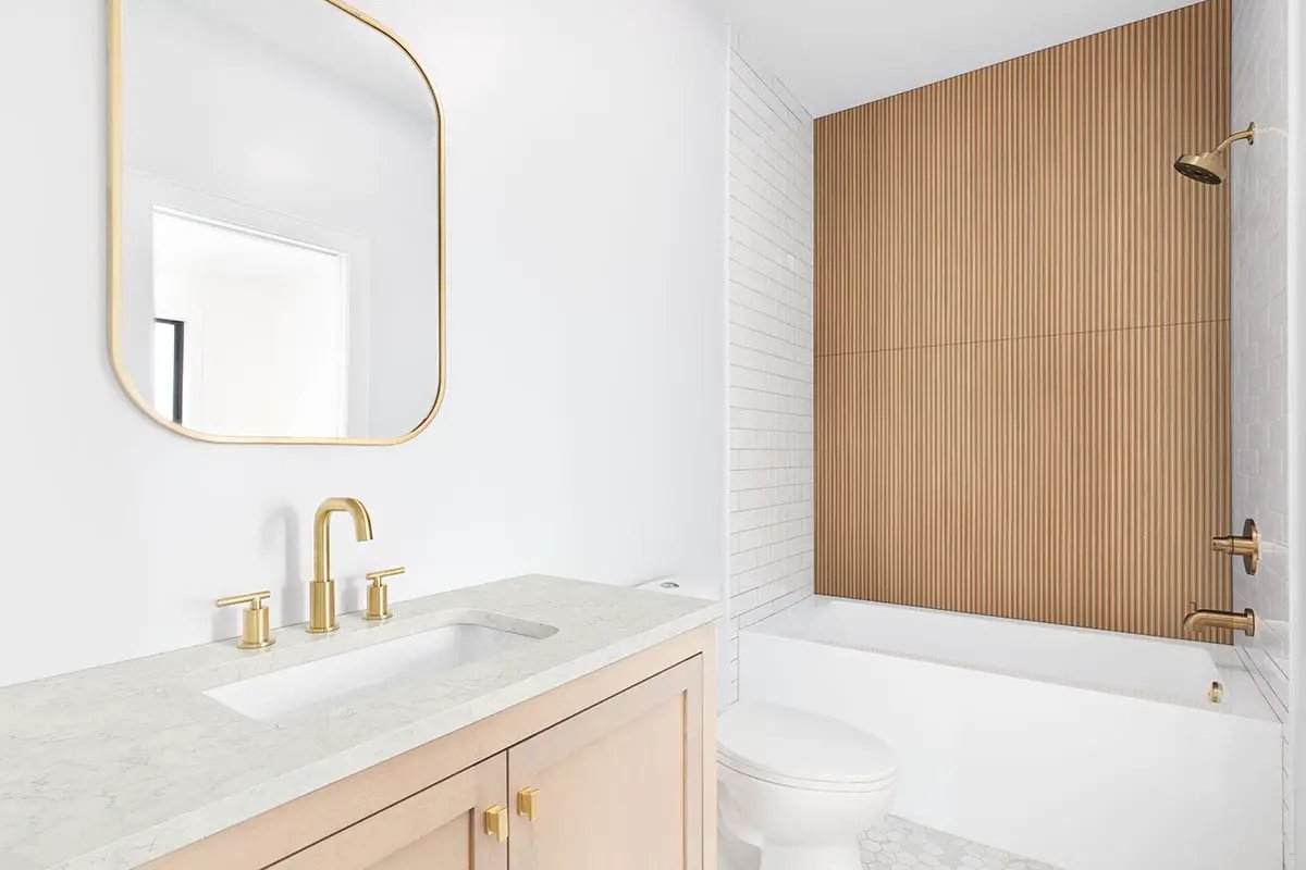Urbanslat Flute Timber Matte Ceramic Mosaics 16x48 in a finished room