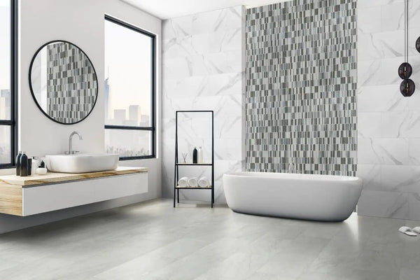 Durban Grey Matte Porcelain Tiles 12x24 in a finished room