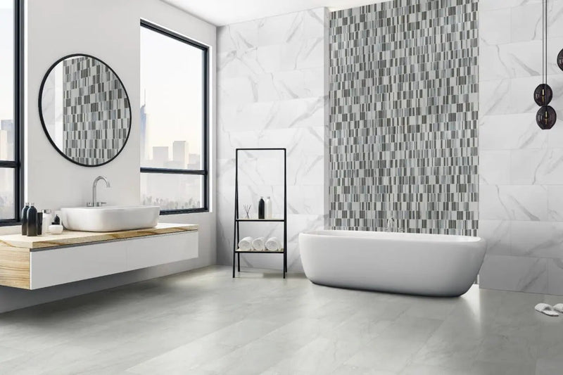 Durban Grey Matte Porcelain Tiles 12x24 in a finished room