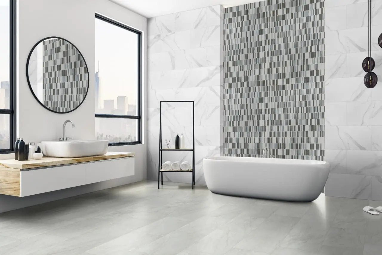 Savoy Crema Polished Marble Look Porcelain Tiles 12x24 in a finished room