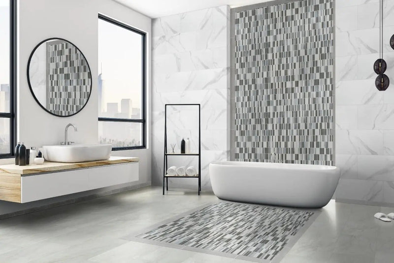 Savoy Crema Matte Bullnose Marble Look Porcelain Moldings 3x24 in a finished room