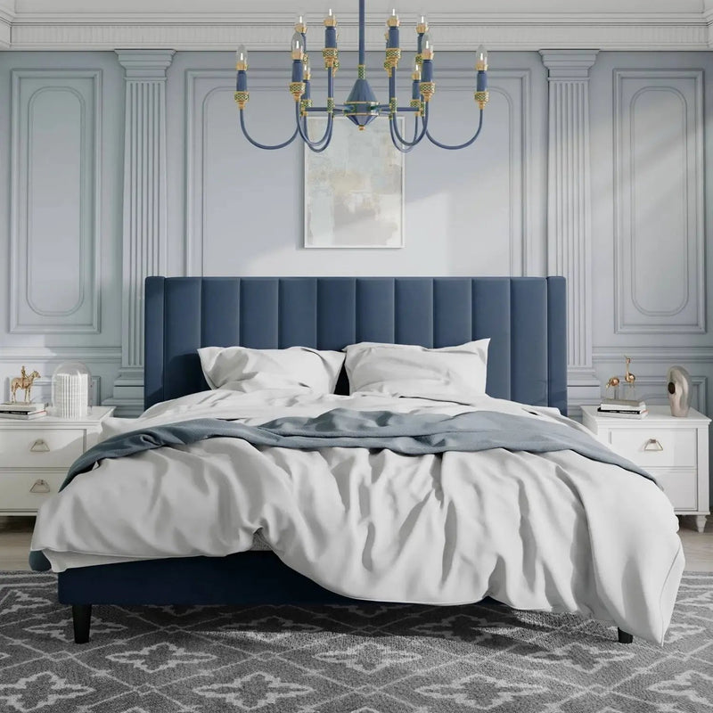 King size Modern Navy Blue Velvet Upholstered Platform Bed with Headboard by HomePacific