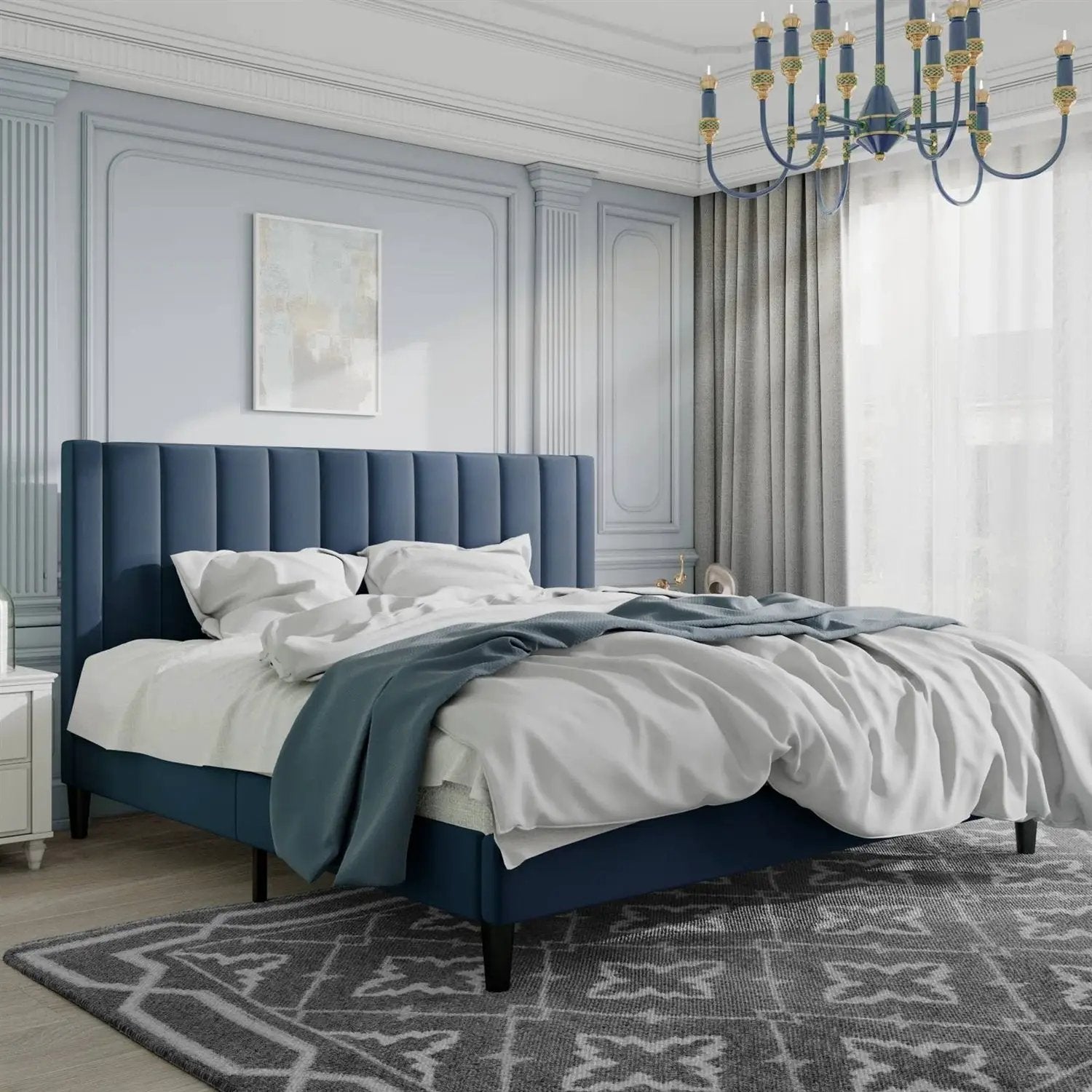 King size Modern Navy Blue Velvet Upholstered Platform Bed with Headboard by HomePacific