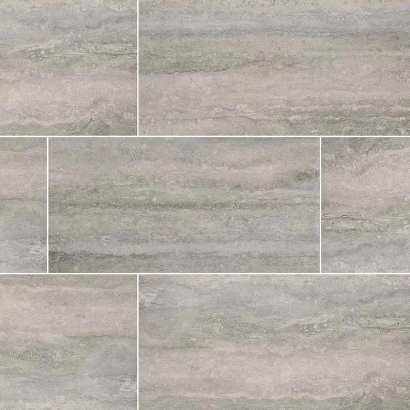 Veneto Gray Matte Travertine Look Porcelain Tiles 12x24 close up