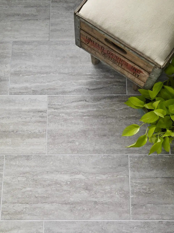 Veneto Gray Matte Travertine Look Porcelain Tiles 12x24 in a finished room