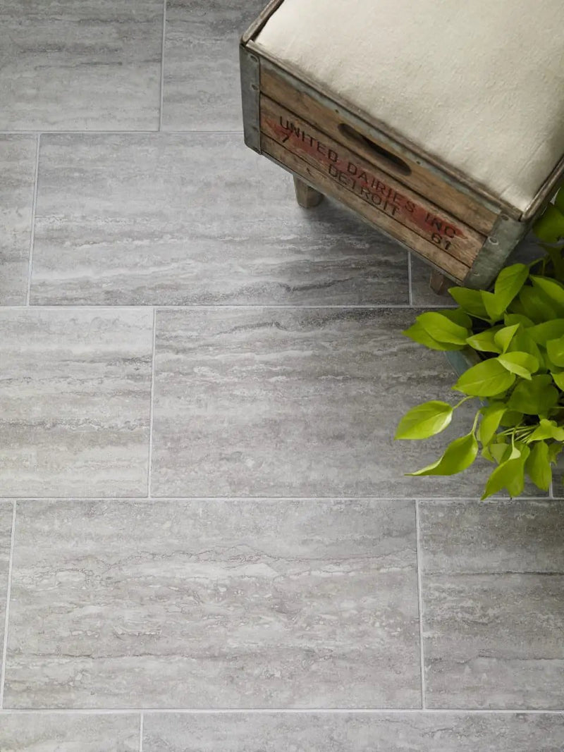 Veneto Gray Matte Bullnose Travertine Look Porcelain Moldings 3x24 in a finished room