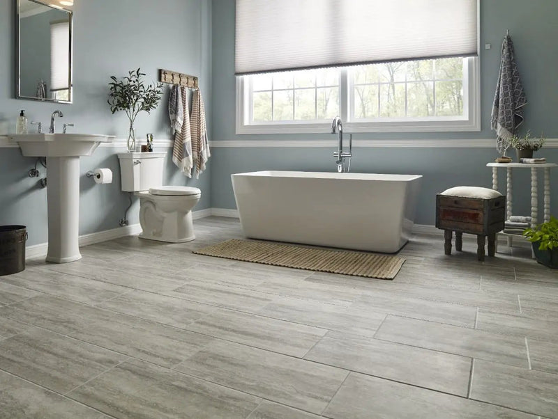 Veneto Gray Matte Travertine Look Porcelain Tiles 12x24 in a finished room