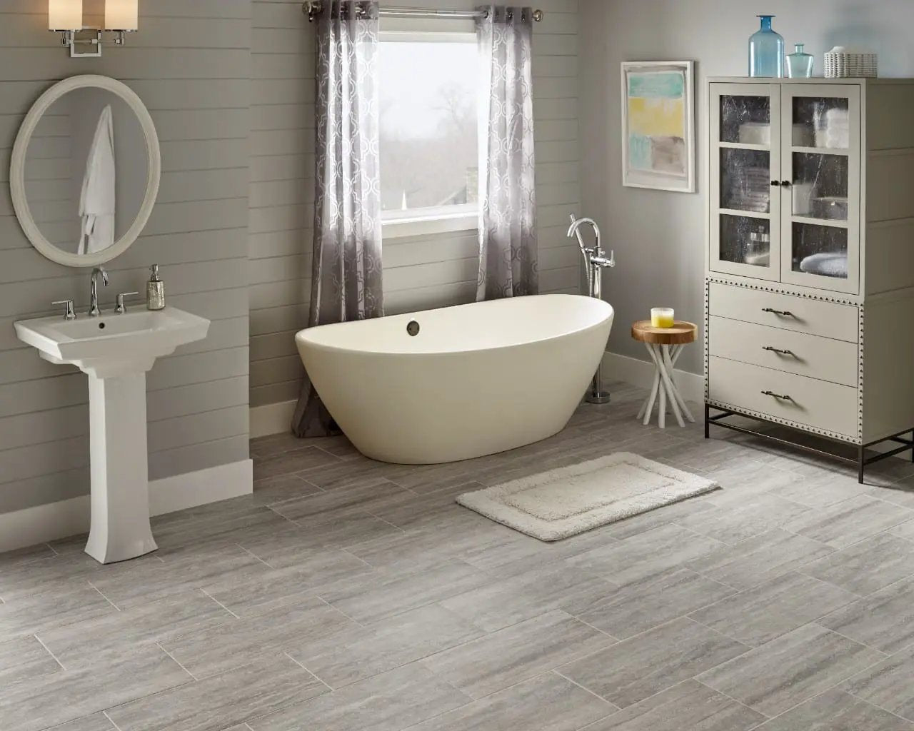 Veneto Gray Matte Bullnose Travertine Look Porcelain Moldings 3x24 in a finished room