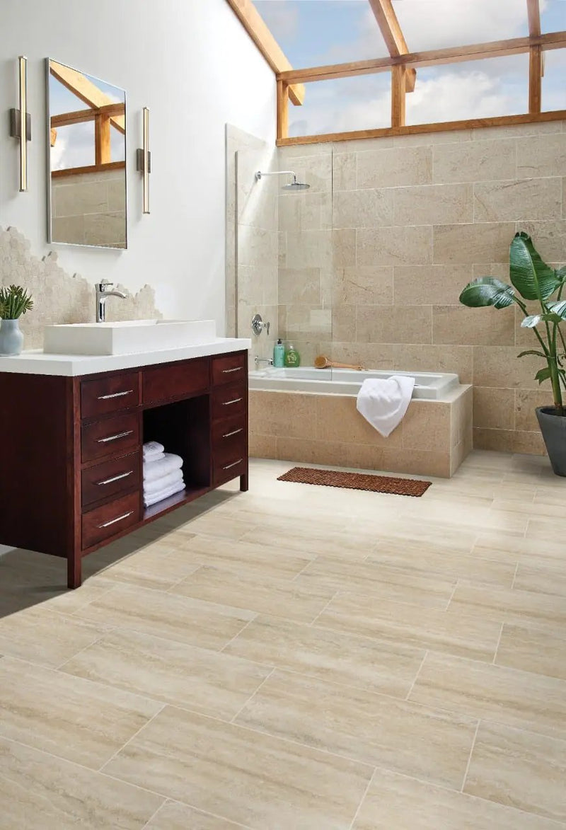 Veneto Sand Matte Travertine Look Porcelain Tiles 12x24 in a finished room