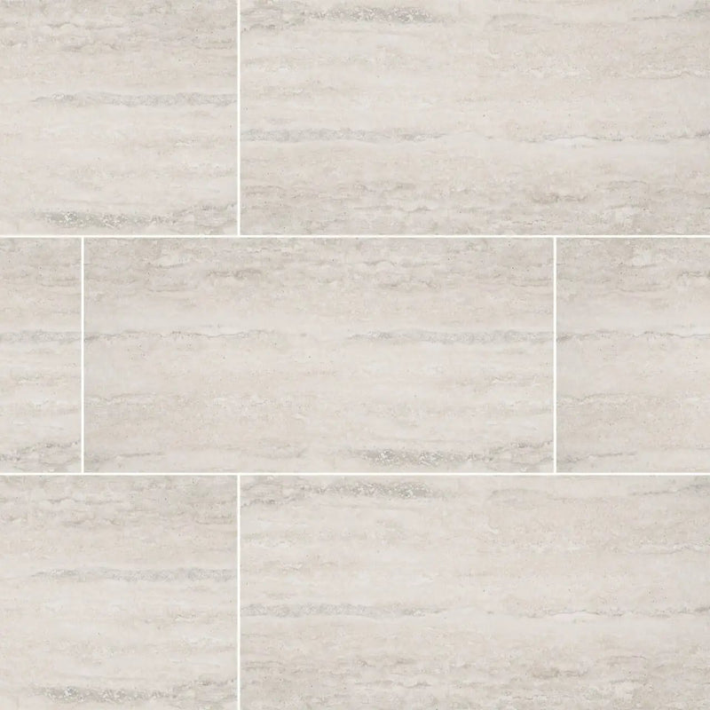 Veneto White Matte Travertine Look Porcelain Tiles 12x24 close up