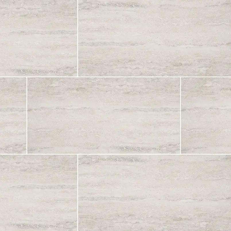 Veneto White Matte Travertine Look Porcelain Tiles 12x24 close up