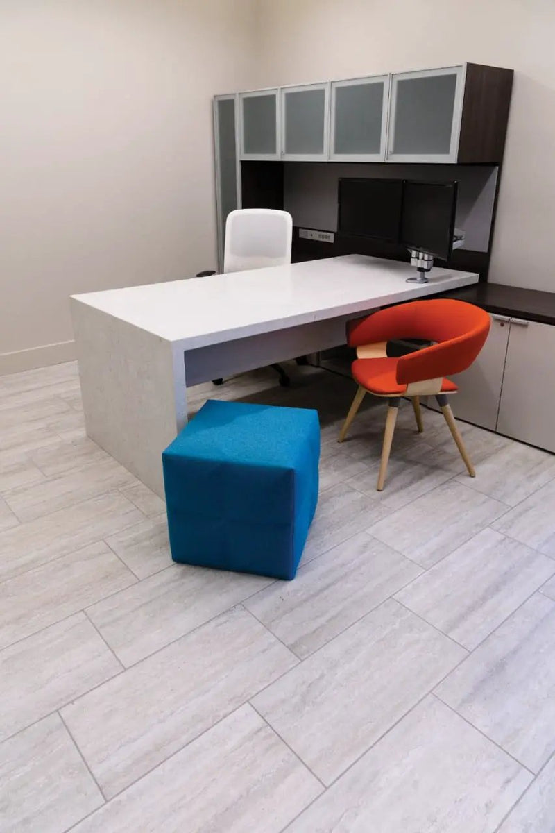 Veneto White Matte Travertine Look Porcelain Mosaics 2x2 in a finished room
