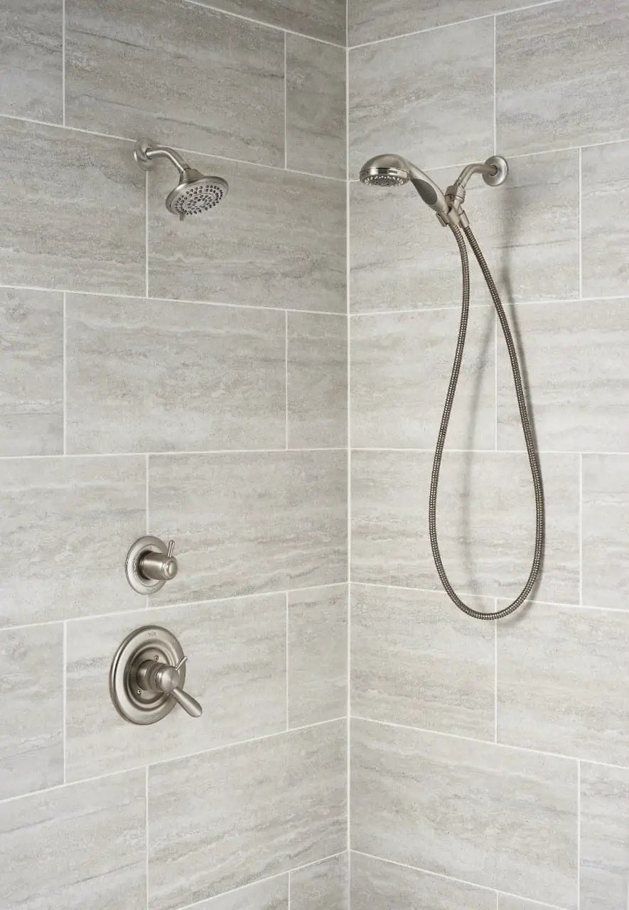 Veneto White Polished Travertine Look Porcelain Tiles 12x24 in a finished room