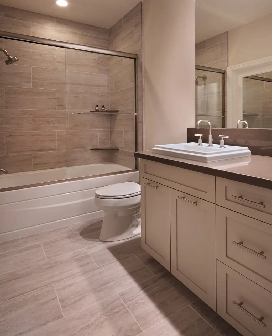 Veneto White Matte Travertine Look Porcelain Tiles 12x24 in a finished room