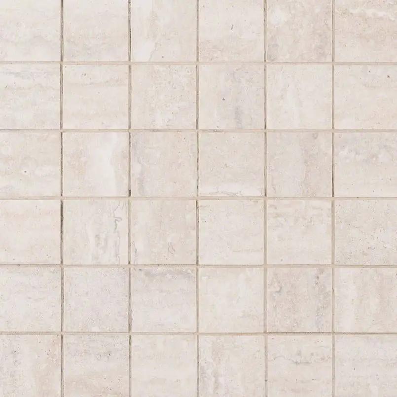 Veneto White Matte Travertine Look Porcelain Mosaics 2x2 close up
