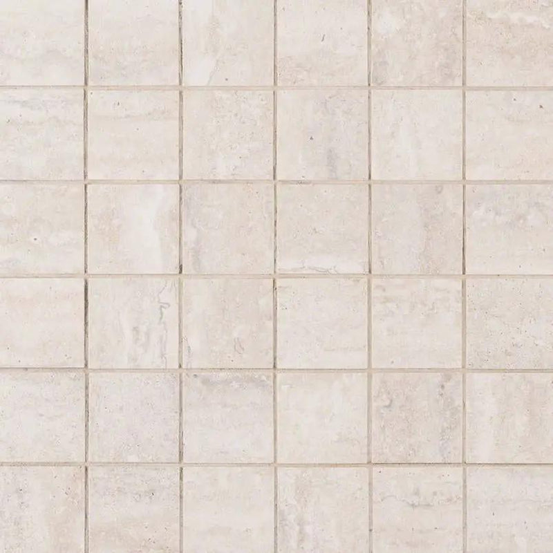 Veneto White Matte Travertine Look Porcelain Mosaics 2x2 close up