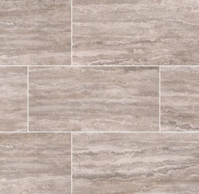 Veneto Gray Polished Travertine Look Porcelain Tiles 12x24 close up