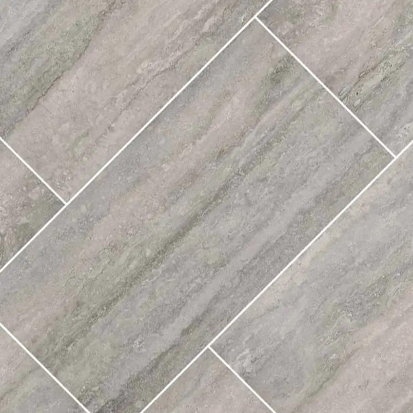 Veneto Gray Polished Travertine Look Porcelain Tiles 12x24 angled view