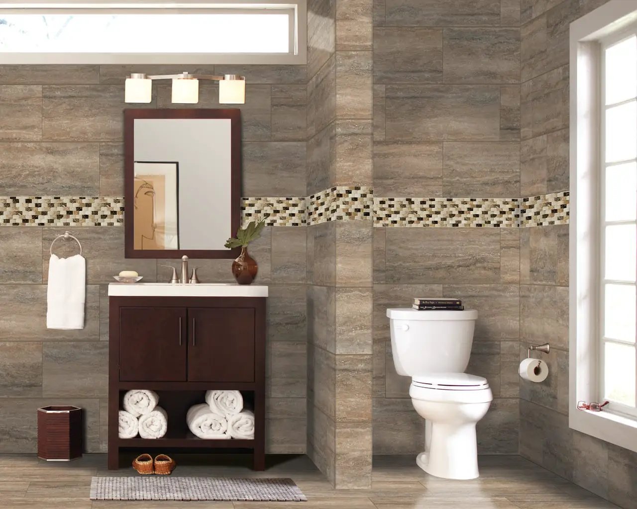 Veneto Noce Polished Bullnose Travertine Look Porcelain Moldings 3x18 in a finished room