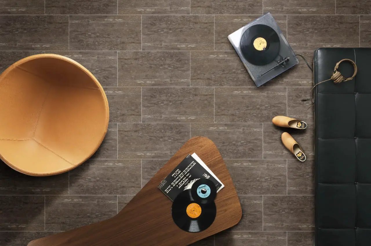 Veneto Noce Polished Travertine Look Porcelain Tiles 12x24 in a finished room