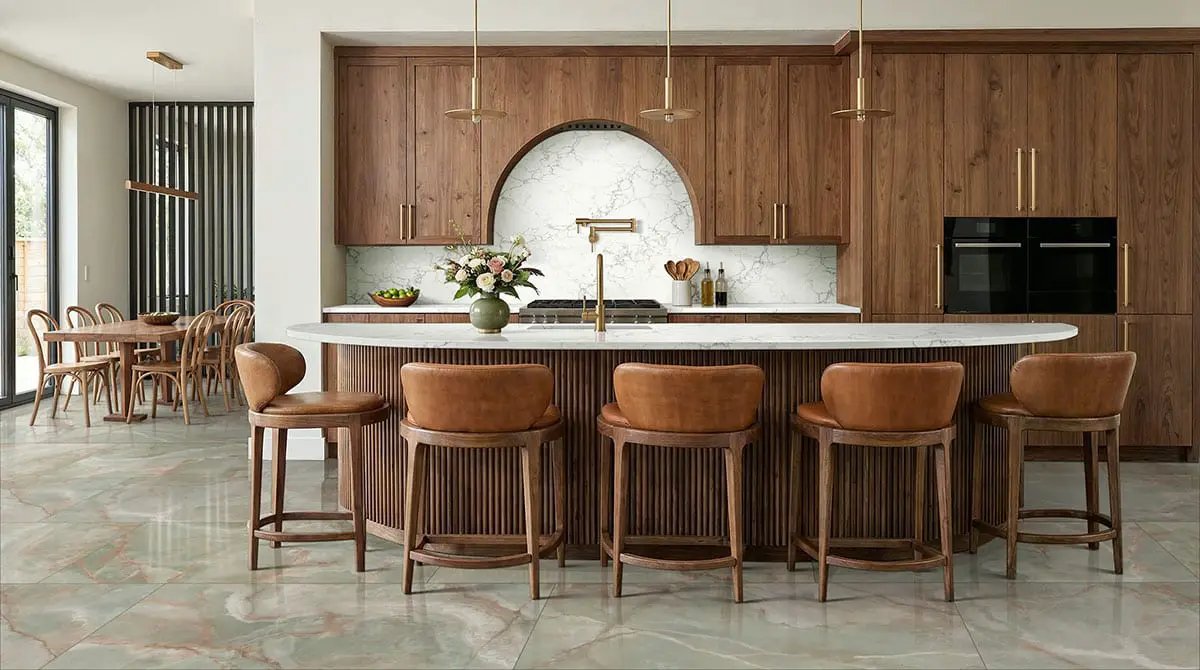 Exotika Verde Vivo Polished Marble Look Porcelain Tiles 24x48 in a finished room