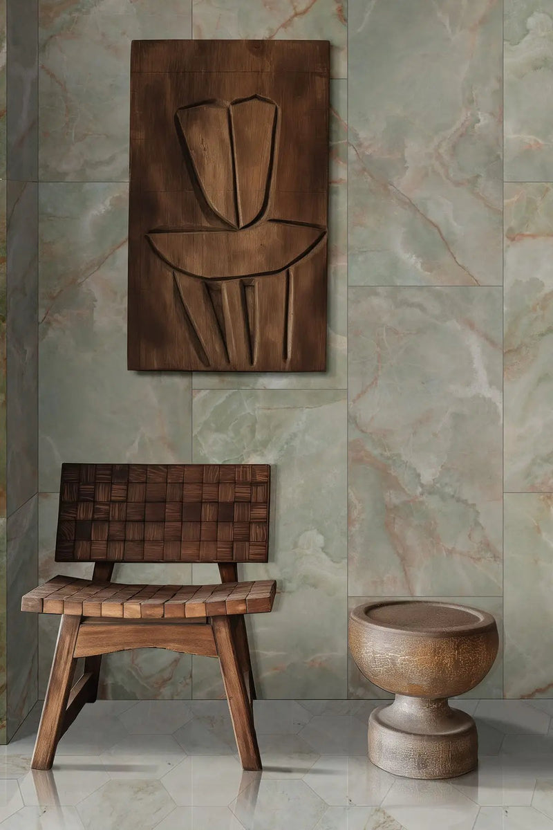 Exotika Verde Vivo Polished Marble Look Porcelain Tiles 24x48 in a finished room