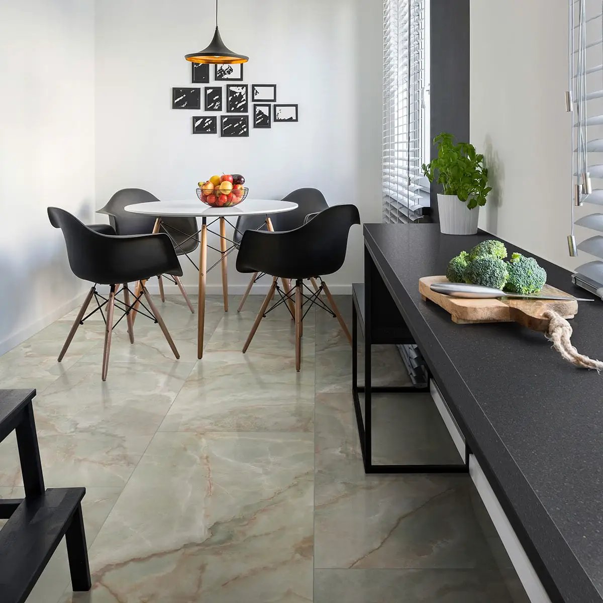 Exotika Verde Vivo Polished Marble Look Porcelain Tiles 24x48 in a finished room