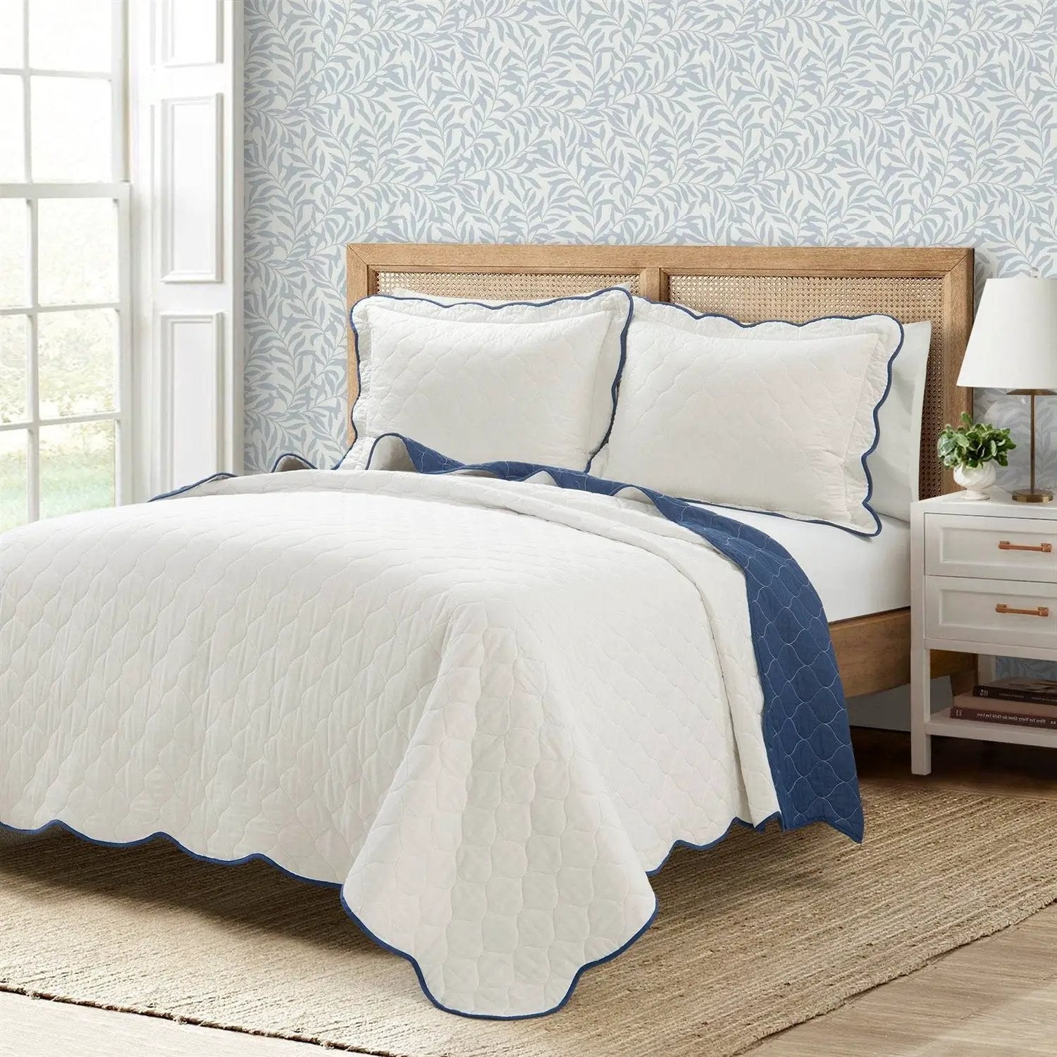 King size White Navy Scalloped Edge Reversible Lightweight Quilt Set by HomePacific