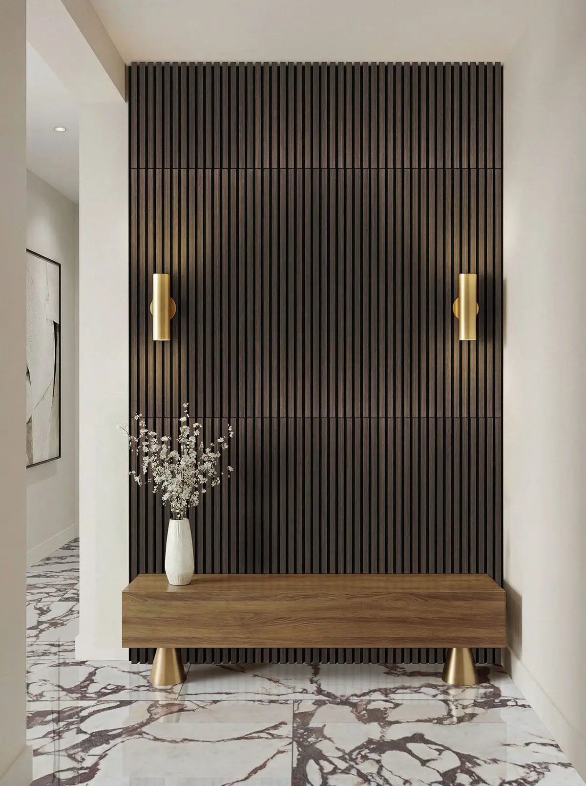 Exotika Violetta Polished Marble Look Porcelain Tiles 24x48 in a finished room