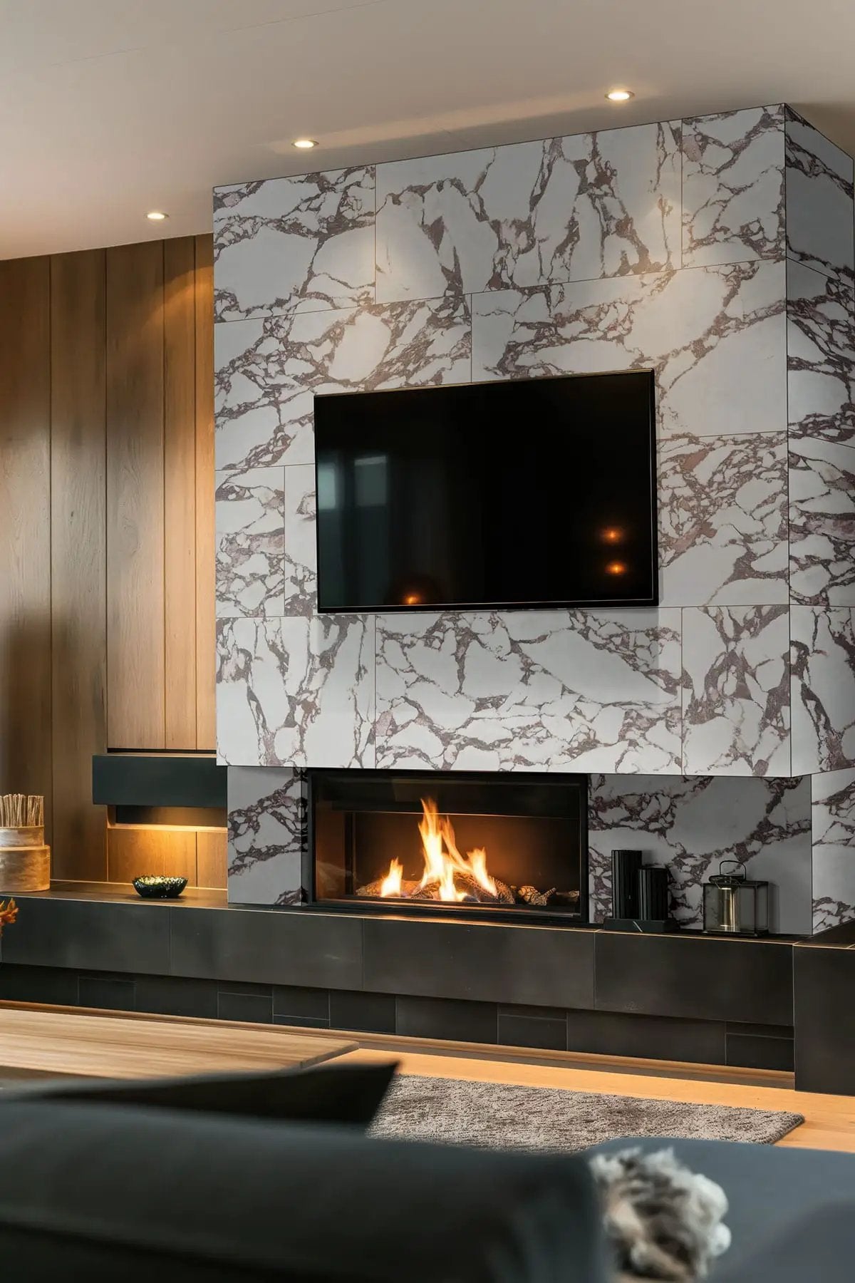 Exotika Violetta Polished Marble Look Porcelain Tiles 24x48 in a finished room