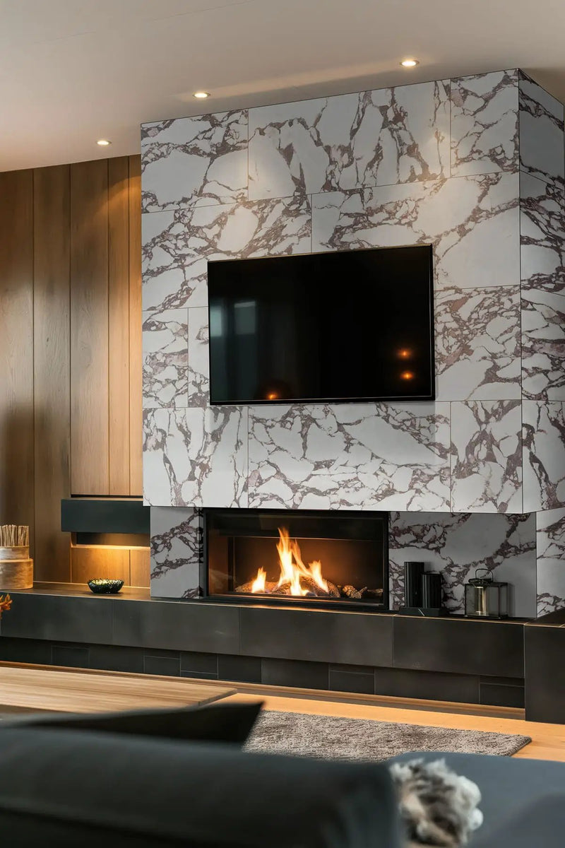 Exotika Violetta Polished Marble Look Porcelain Tiles 24x48 in a finished room