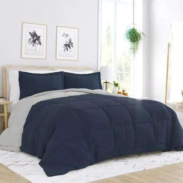 King/Cal King 3-Piece Microfiber Reversible Comforter Set in Navy/Grey by HomePacific