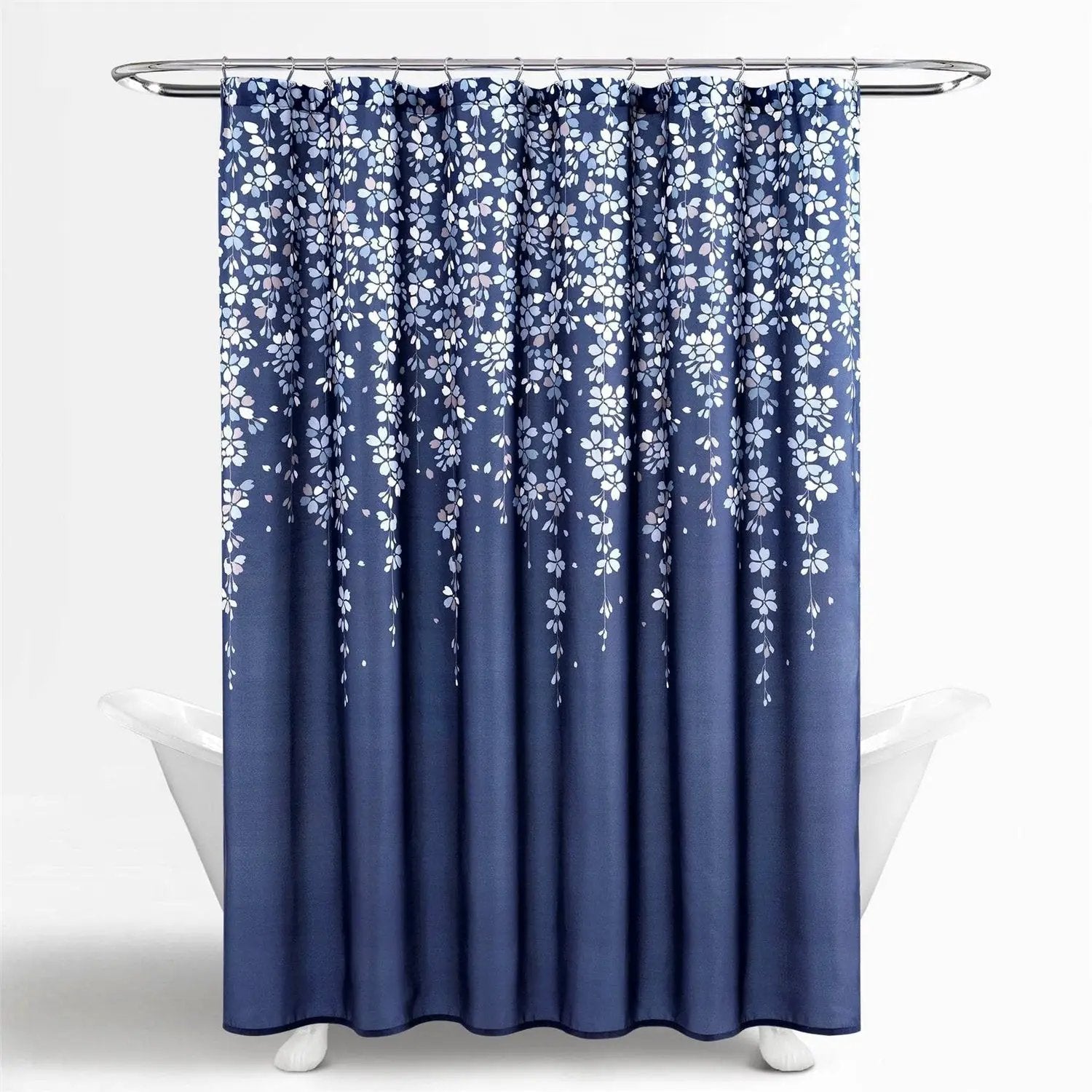 72-inch Navy Light Blue White Floral Vines and Flowers Shower Curtain by HomePacific
