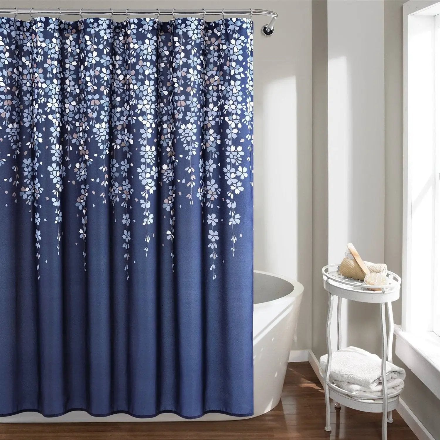 72-inch Navy Light Blue White Floral Vines and Flowers Shower Curtain by HomePacific